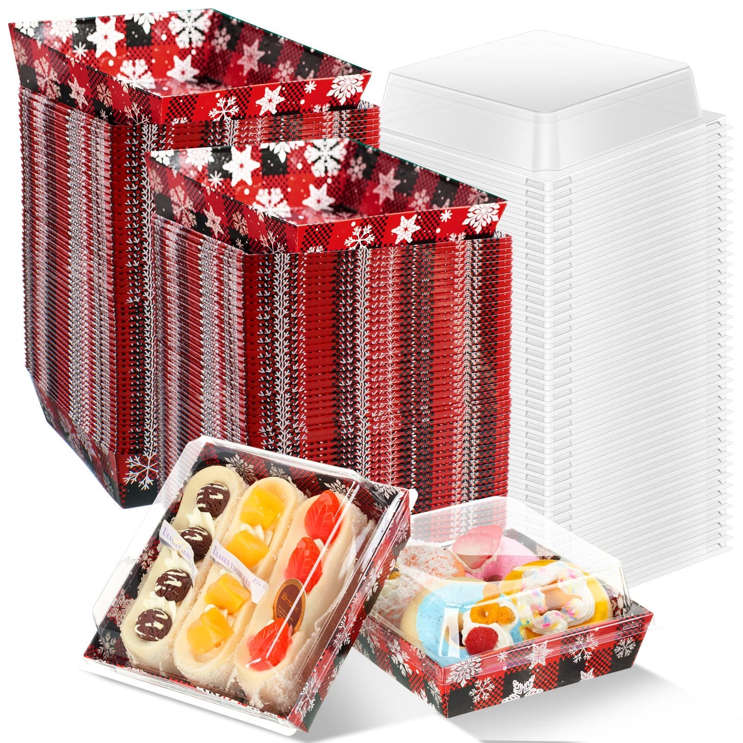 Potchen 100 Pack Christmas Charcuterie Boxes with Clear Lids – Red & Black Plaid Snowflake Design Boxes with Window for Cookies, Candy, and Mini Cakes – Ideal for Gift Giving & Bakery Packaging