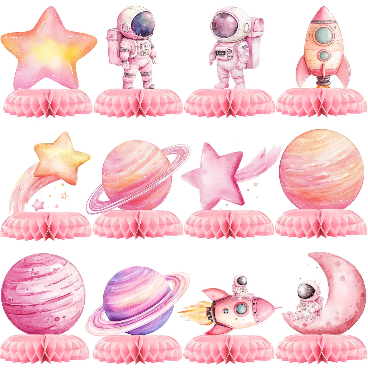 12 Pcs Pink Space Baby Shower Decorations for Girl - Outer Space Girl Party Supplies - Pink Astronaut Rocket Moon Star Centerpieces for Tables - Galaxy Honeycomb Table Decor for Baby Shower