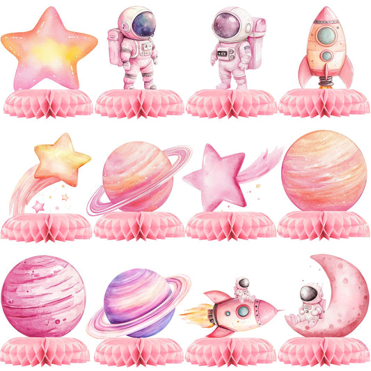 12 Pcs Pink Space Baby Shower Decorations for Girl - Outer Space Girl Party Supplies - Pink Astronaut Rocket Moon Star Centerpieces for Tables - Galaxy Honeycomb Table Decor for Baby Shower