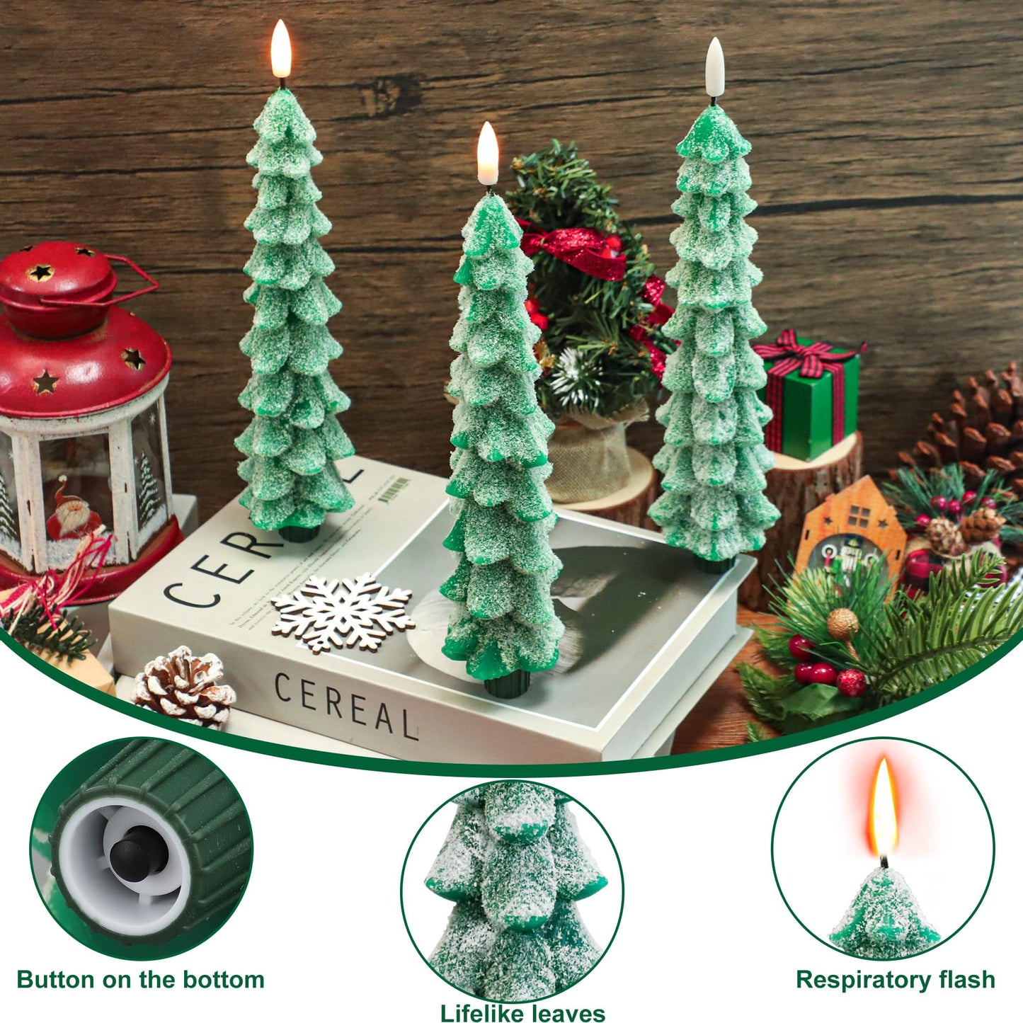 4 PCS Christmas Tree Candles with Remote Timer 10 Inch LED Flameless Taper Candles Wax Battery Operated Candlesticks Green Window Candle with 3D Wick Flickering for Xmas Holiday Gifts Party Home Decor