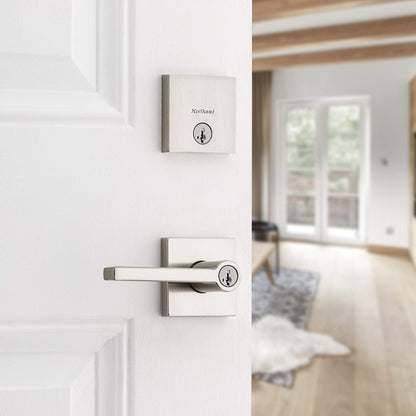 Kwikset 991 Halifax Keyed Entry Lever and Single Cylinder Deadbolt Combo Pack featuring SmartKey Security in Satin Nickel