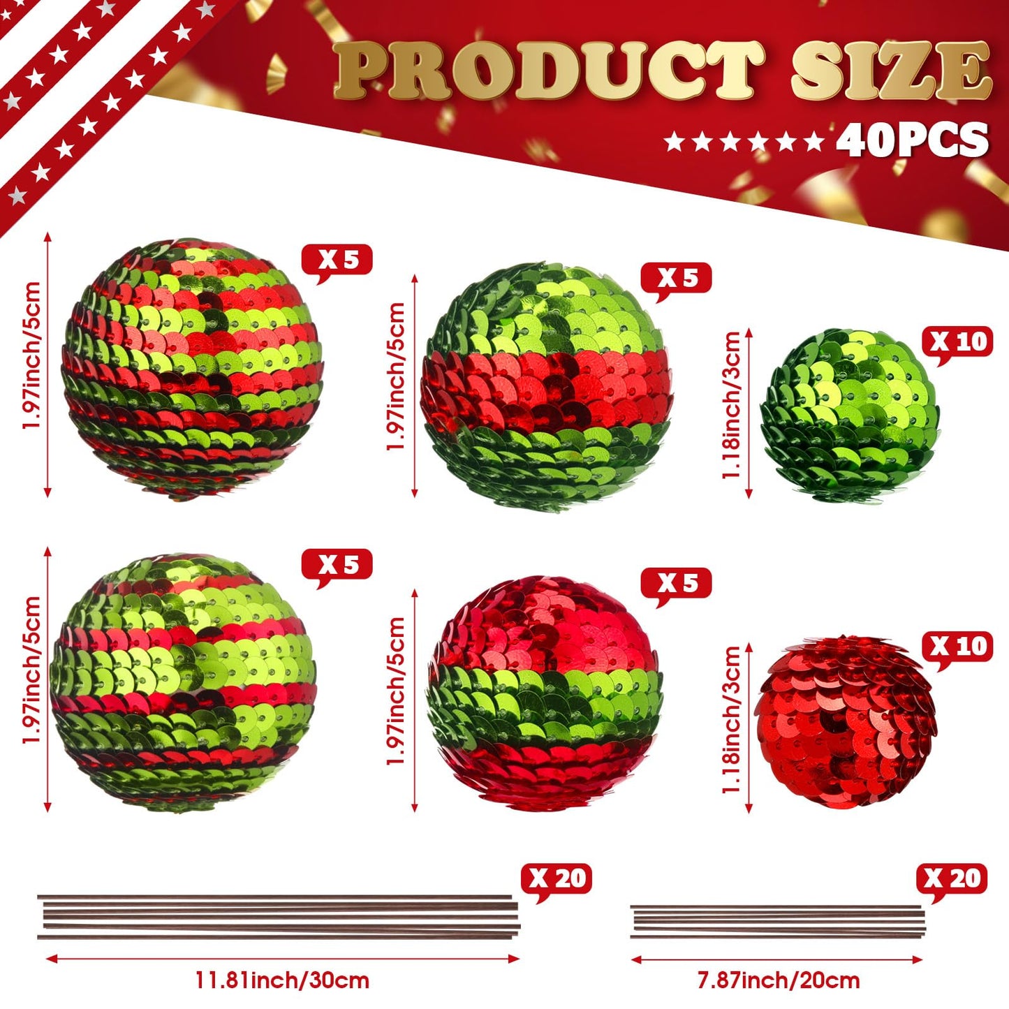 Hiboom 40 Set Independence Day Sequins Ball Decoration Picks Patriotic Ornaments 4th July Tree Decorations Sequin Ball Ornament for Memorial Day Veterans Patriotic USA Themed Party(Green, Red)