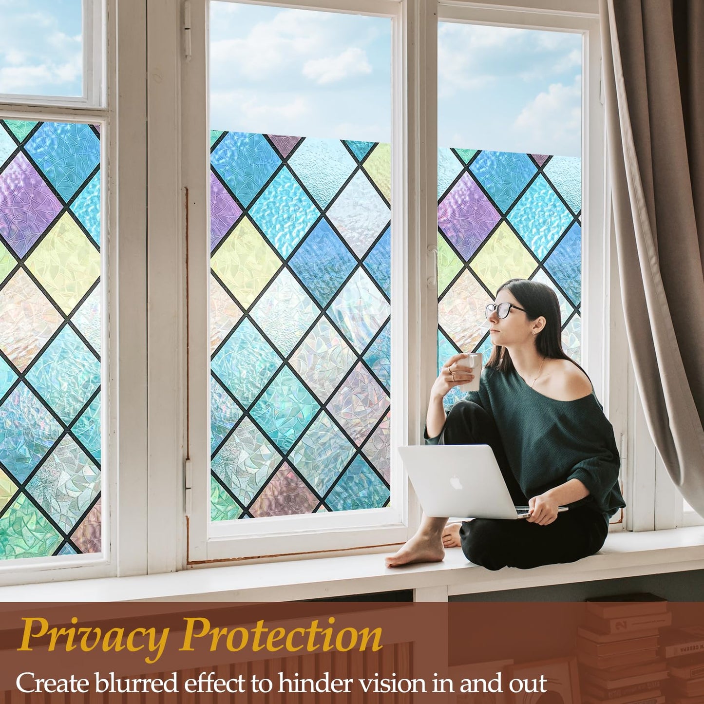 Niviy Stained Glass Window Film Tint, Privacy Film for Glass Windows Vinyl Non Adhesive Anti UV for Home Office 17.7 x 157.4 inches