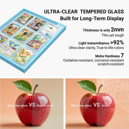 Glacier Blue 9-Card Display Case, Seamless Aluminum Frame with Tempered Glass for Graded Cards, Baseball Football Basketball Sports Card & TCG, Wall Mount Trading Card Frame, Includes 9 Shell Holders