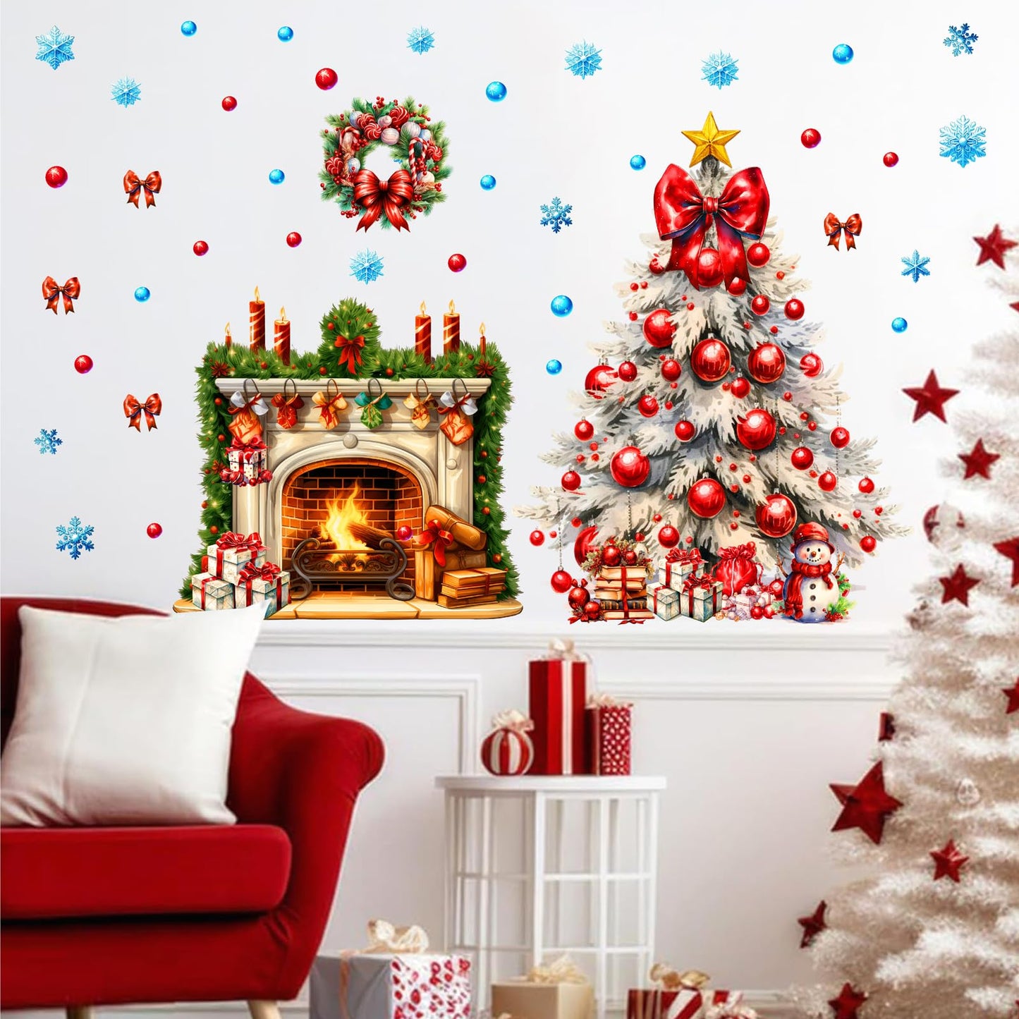 Christmas Tree Wall Stickers Xmas Fireplace Wall Decals Peel and Stick Winter Snowflake Wall Decals Winter Holiday Snow Fireplace Tree Window Decal Christmas Window Stickers Party Decorations