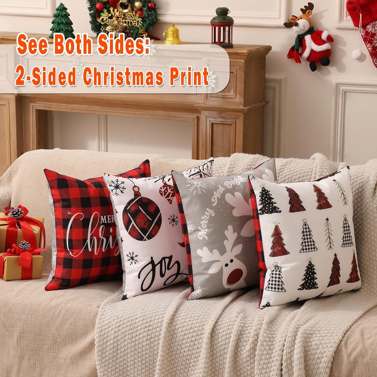 multiwins Double-Sided Print Christmas Pillow Covers 20"x 20" Set of 4, 8 Cute Christmas Patterns, Tree, Reindeer, Snowman, Joy, Let It Snow, Believe Etc, Perfect for Home Decor
