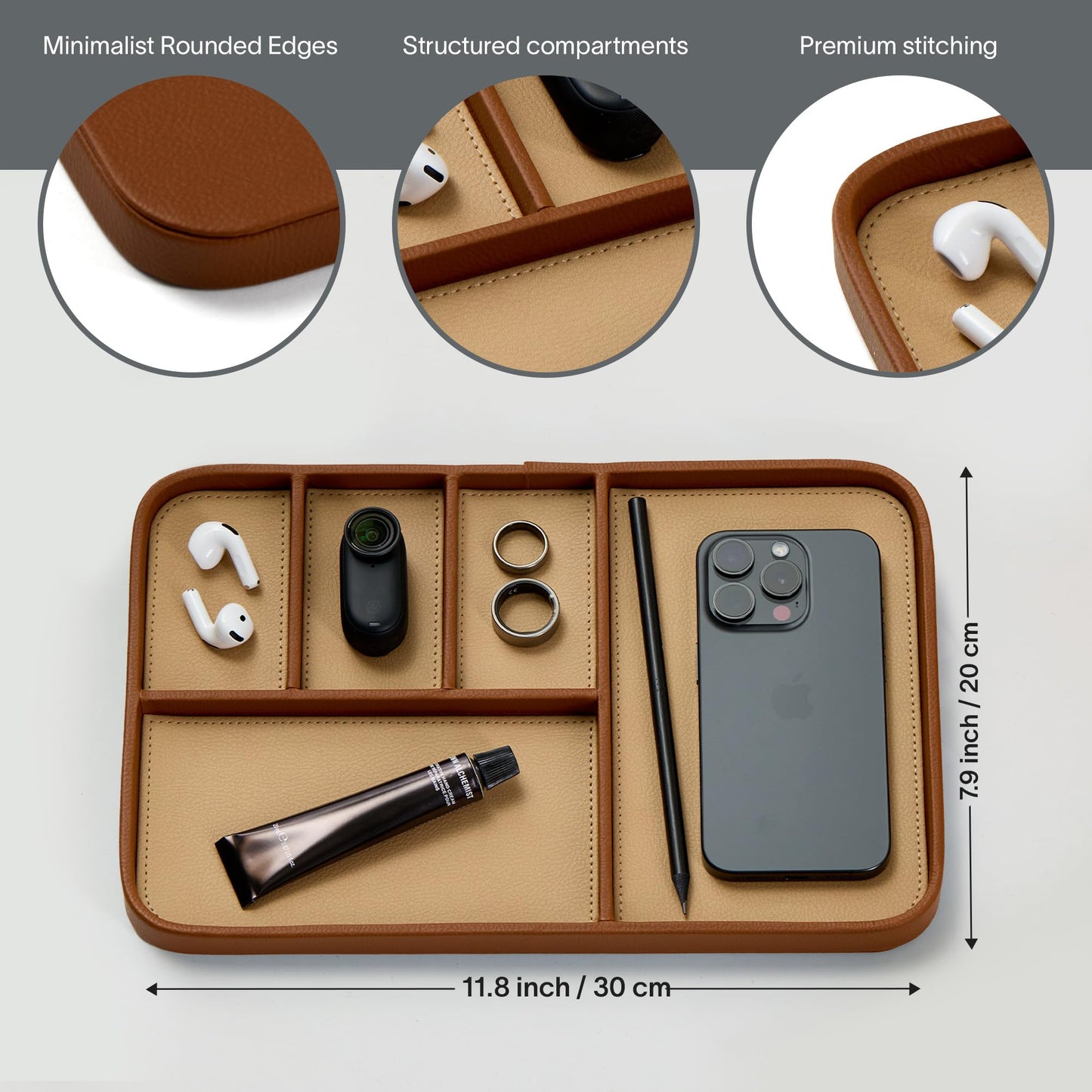 Nordik Leather Valet Tray - Sand Brown - 11.8x7.9 Inch Large Vegan Leather Tray - Stylish Nightstand Organizer for Men - Modern Bedside Caddy - EDC Catchall for Key Watch Wallet Jewellery