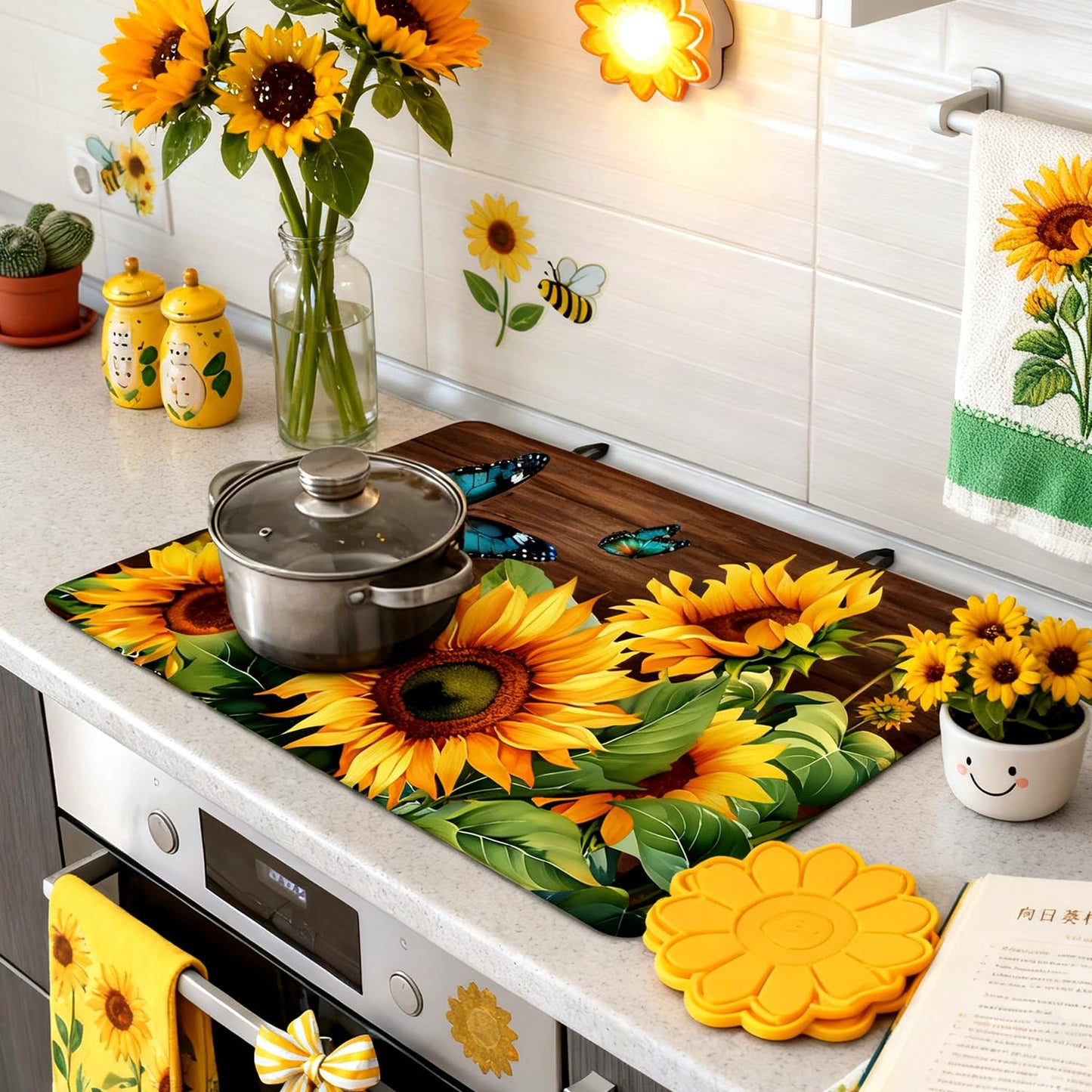 Sunflower Stove Top Cover for Electric Stove, Blue Butterfly Range Covers, Yellow Flower Range Top Mats, Spring Summer Cooktop Cover 28x20 inch, Glass Cooktop Covers for Kitchen Holiday Home Decor