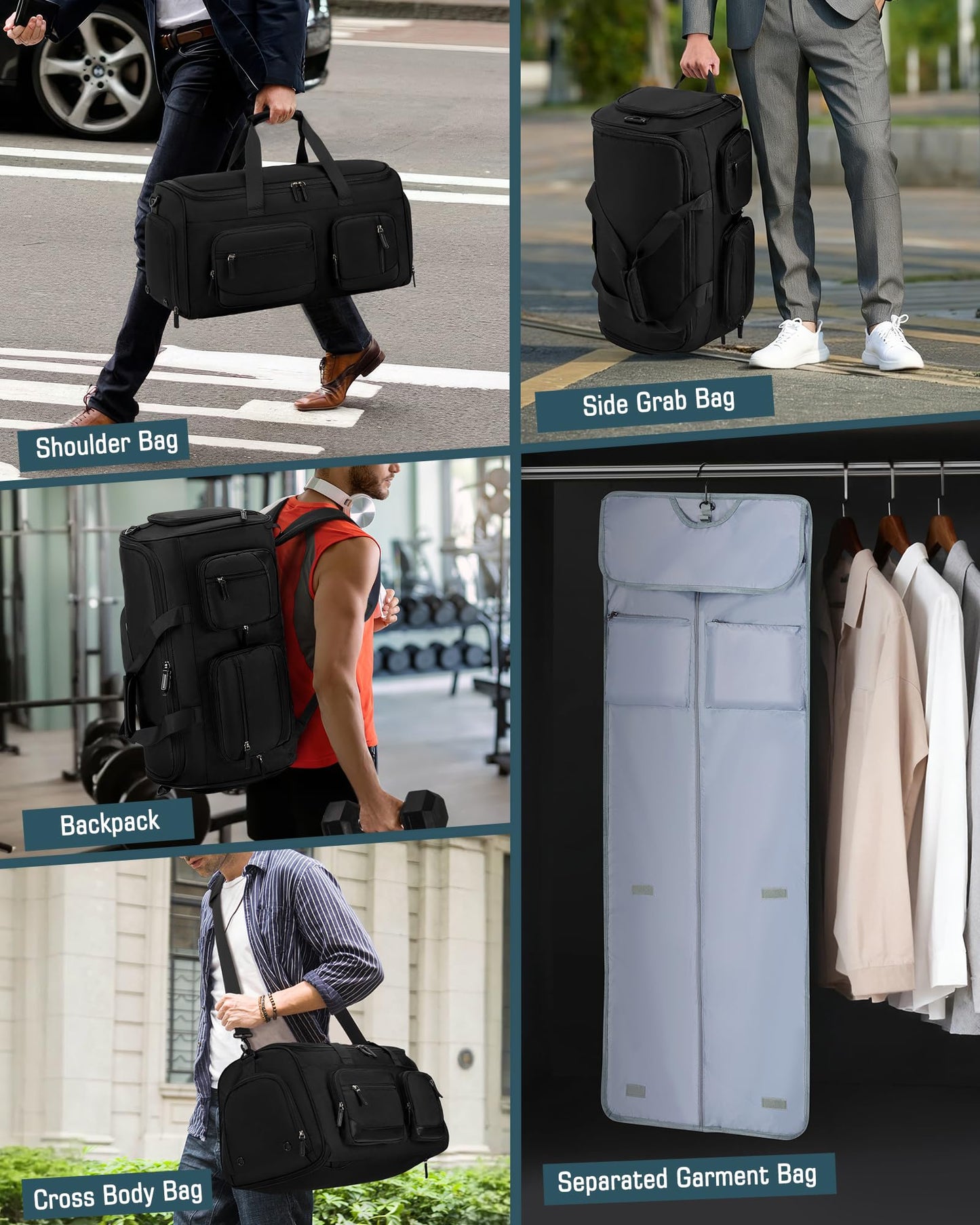 RAINSMORE Convertible Garment Bags for Travel, 45L Garment Duffle bag for Hanging Clothes, 3 in 1 Suit Travel Bag for Business Trips with Shoulder Strap, Carry On Suit Luggage for Men Women, Black
