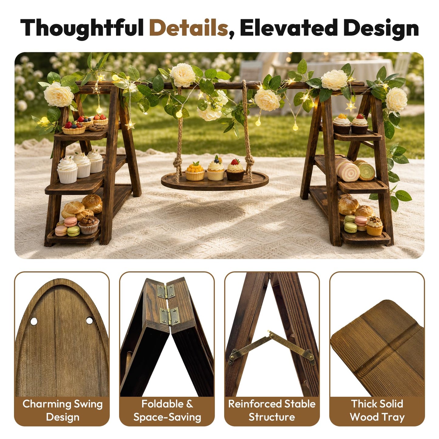 LIOIFIR Wooden 3 Tier Cupcake Stand with Swing, Star String Lights & Champagne Flower Vine, Rustic Dessert Table Display Set, Tiered Food Serving Tray for Party, Wedding, Catering Centerpieces