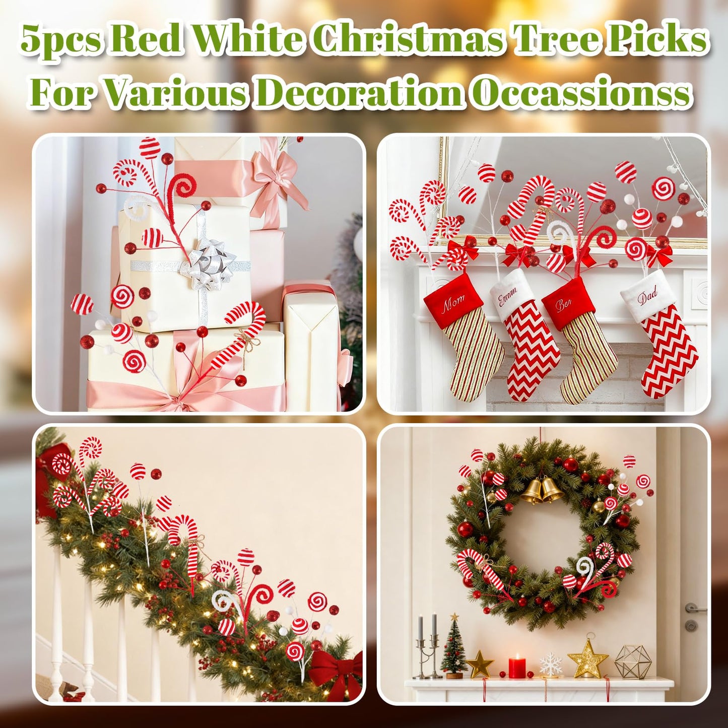 5pcs Candyland Christmas Tree Picks Candy Cane Tree Topper, Red and White Christmas Tree Decorations with Glitter, Curly Lollipop Candy Picks for Xmas Holiday Wreath Vase Party Decor