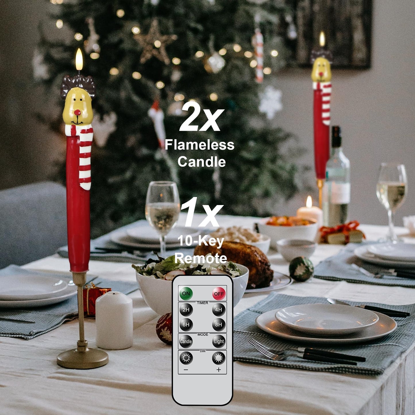 Lasumora Christmas Flameless Taper Candles with Remote Timer, 2 Pcs Hand-Painted Reindeer Sculpture Shape LED Candlesticks with 3D Flickering Flame for Home Décor Christmas Gifts