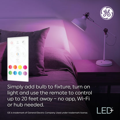 GE LED+ Color Changing LED Light Bulbs with Remote, No App or Wi-Fi Required, A19 Standard Bulbs (2 Pack)