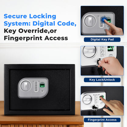 SereneLife Electronic Fingerprint Safe | Heavy Duty Money Safebox | Digital Touch Pad Lockbox with Code & 2 Keys | Small Safe Box for Home or Office, Secure Cash, Firearms | 13.8’’ x 9.8” Black
