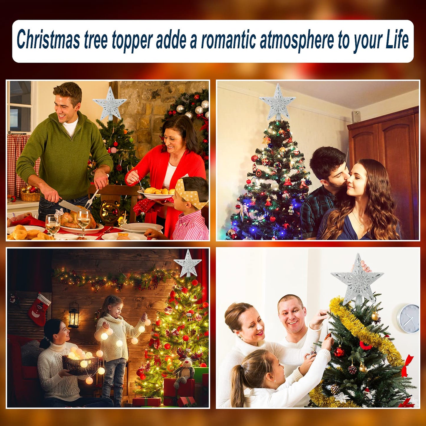 Christmas Tree Topper Projector Lights with 6 Projection Modes, Sliver Star Christmas Tree Topper with Built-in LED Projector, Dynamic Projection for Christmas Party Holiday Decoration