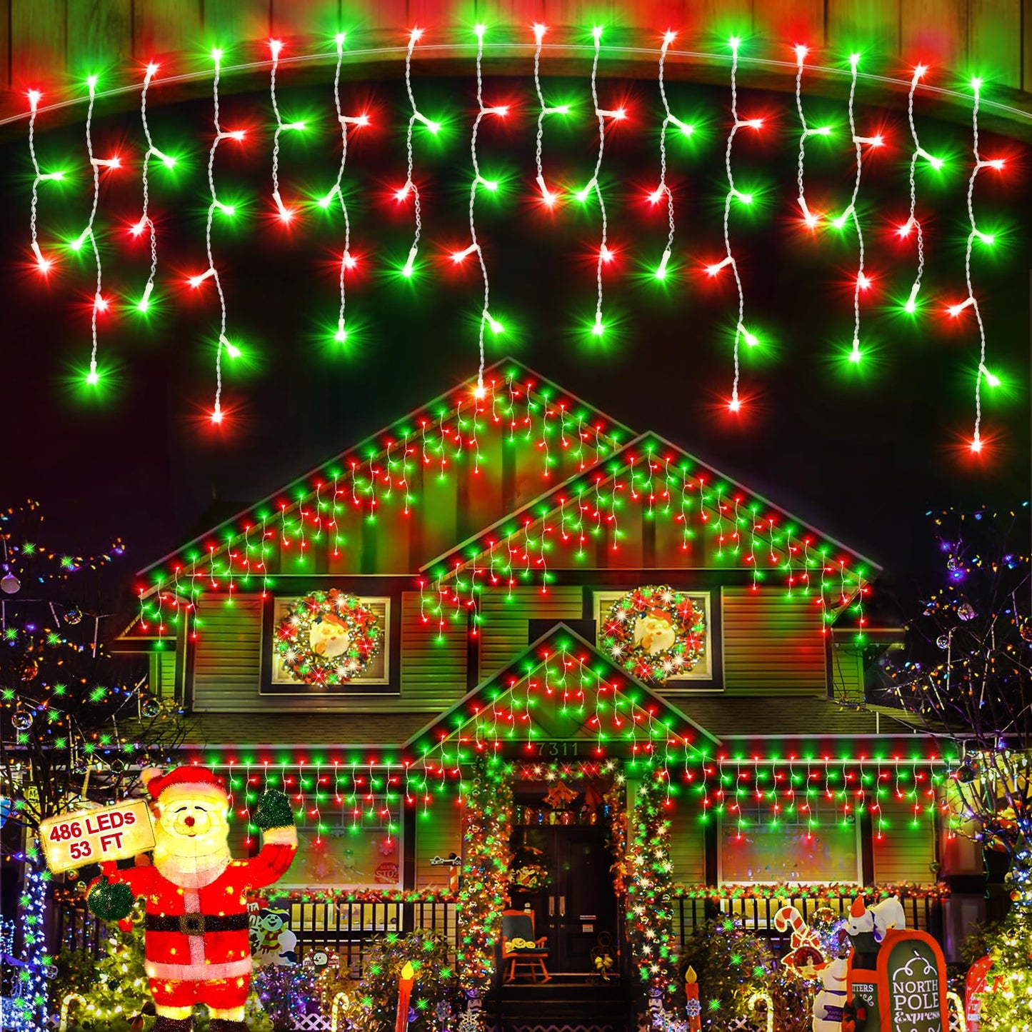 JIXXULVU Christmas Lights Outdoor Red Green, 53 FT 486 LED Christmas Lights for Outside, Timer & Memory, Plug in 8 Modes Hanging Fairy Light with 108 Drops for House Eaves Yard Patio Decorations