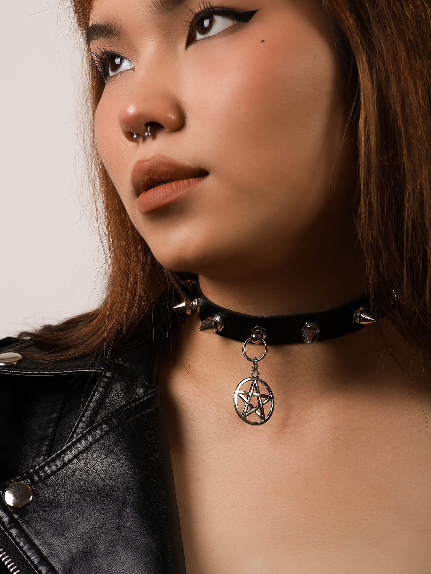 Sacina Gothic Punk Pentagram Star Spiked Choker, Black PU Leather Necklace, Goth Punk Jewelry, Halloween Christmas Jewelry Gift for Women