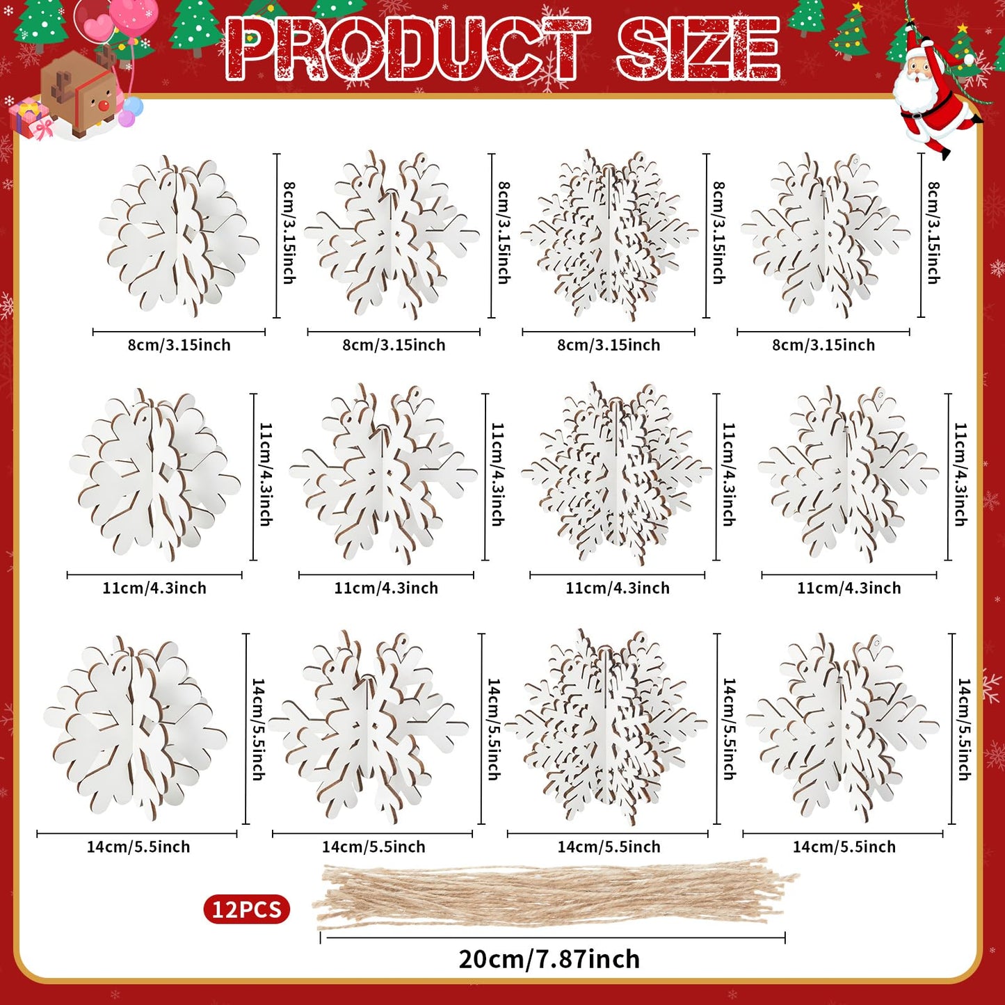Chunful 36 Pcs Winter Wooden Snowflake Table Decorations 3D Hanging Snowflake Tabletop and Centerpiece with 12 Pcs Ropes for Christmas Home Wonderland Decoration Holiday Party Supplies