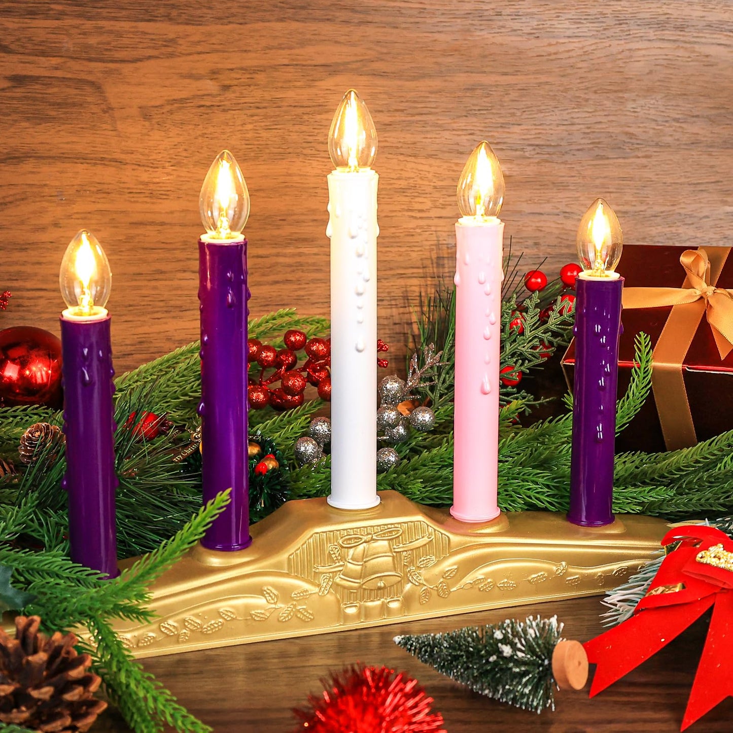 AFOROEOA 5 Light Christmas Electric Window Candles, Christmas Flameless Advent Candle Set with Purple Pink White Taper Candles 5 Bulbs 3ft Wire E12 Candelabra Base Window Candle for Home Table Decor