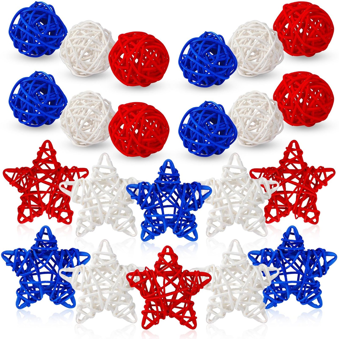 NOVWANG 40 Pcs 4th of July Star Rattan Balls Decoration Centerpieces Red Blue White Wicker Ball for 4th of July Independence Day Patriotic Party Decoration Table Vase Bowl Filler Hanging Decor