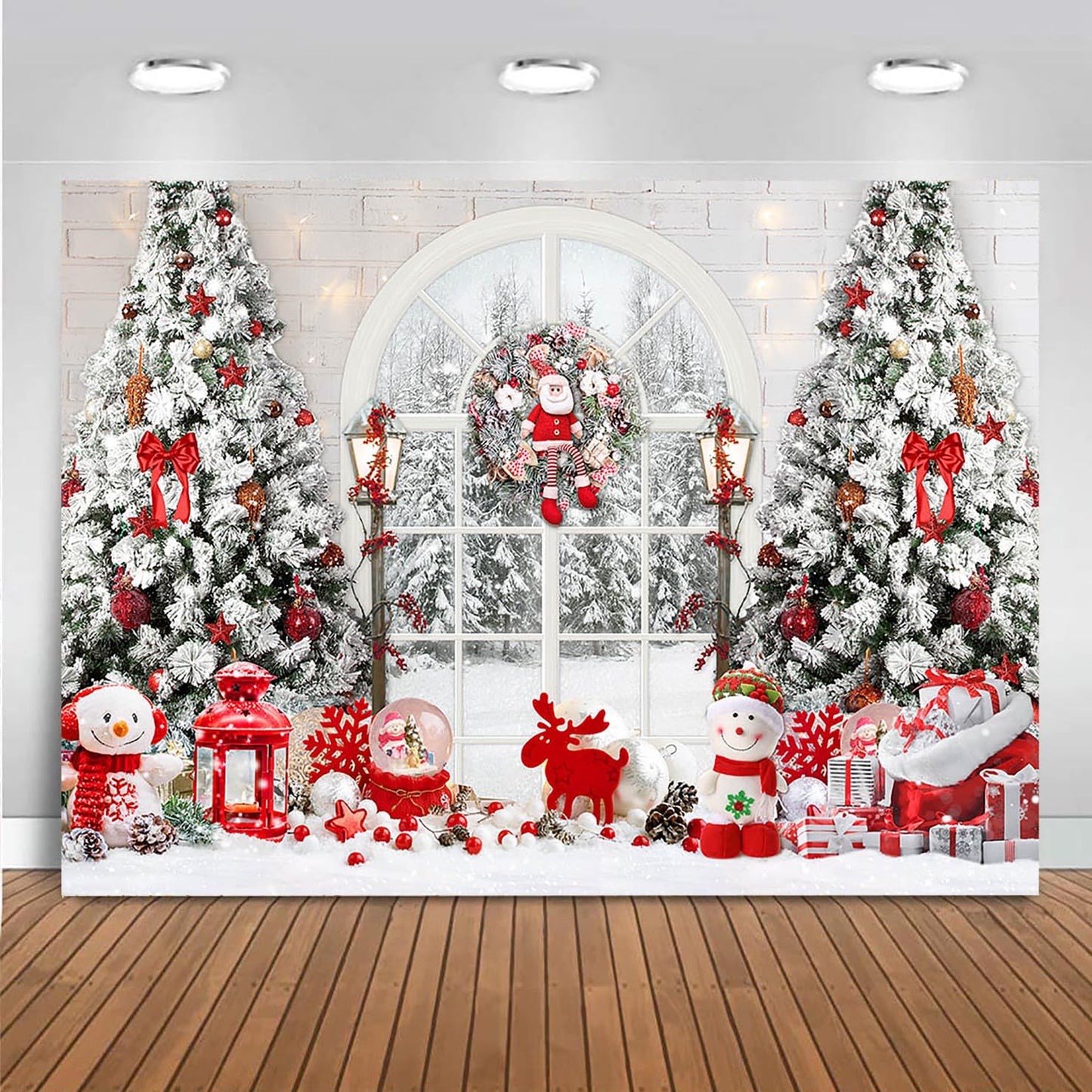 Mocsicka Christmas Window Backdrop Snow World Santa Claus Snowman Photography Background Christmas Tree New Years Kids Family Party Decoration Props Portrait Photo Studio Props (10x7ft)