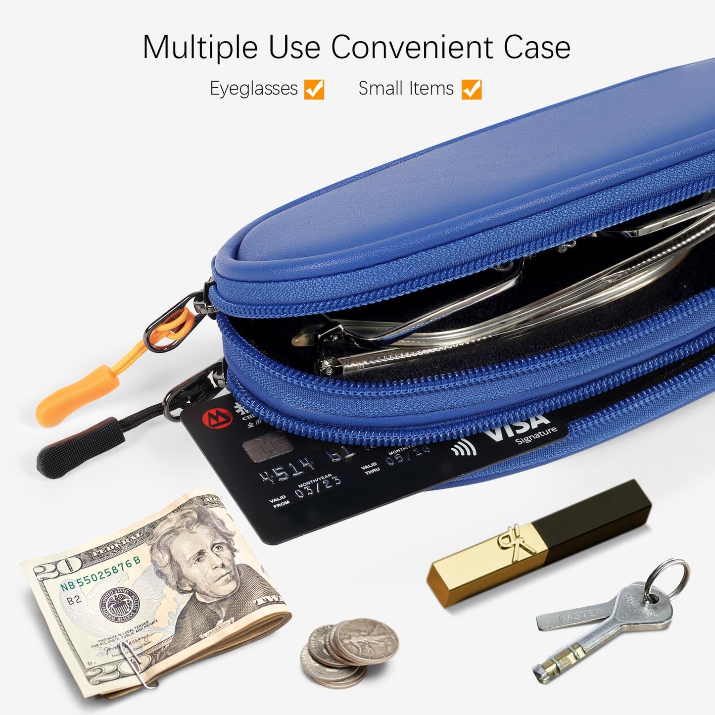 Tangoner Double Eyeglasses Case with Zipper – Faux Leather Soft Sunglasses Pouch, Portable Travel Glasses Holder with Keychain Clip for Men & Women (Blue PU)