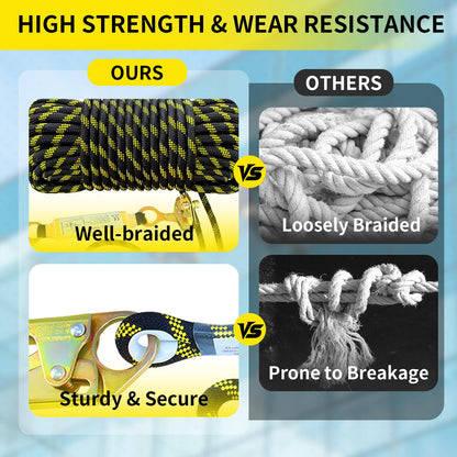 Meyoppm 100FT Vertical Lifeline Assembly, Heavy Duty Fall Protection Safety Rope with Rope Grab, Steel Snap Hooks & Shock Absorber, Tree Climbing High-Altitude Safety Line Kit, ANSI CE