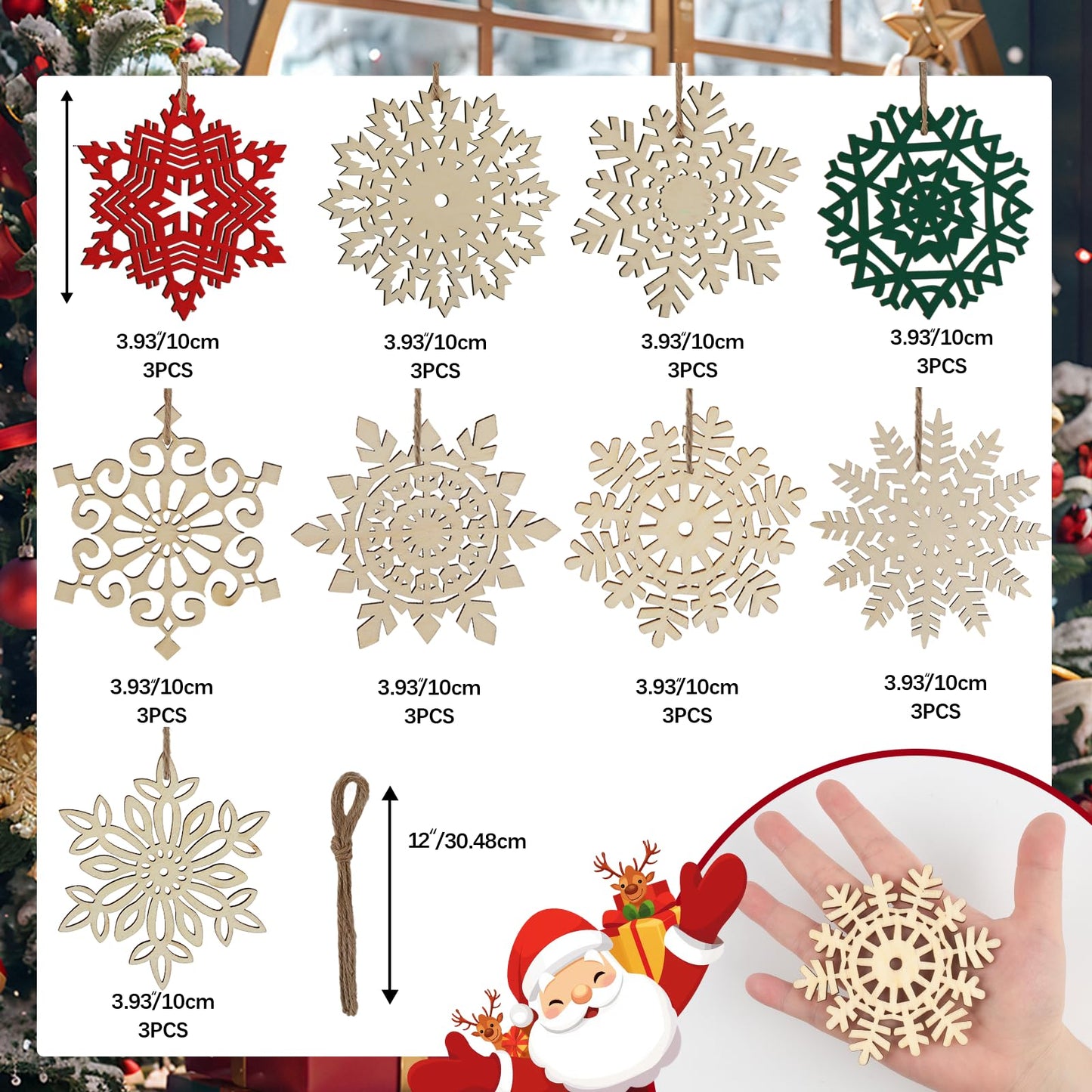 N&T NIETING 27pcs Wooden Snowflakes Shaped Embellishments Hanging Ornaments for Christmas Decoration