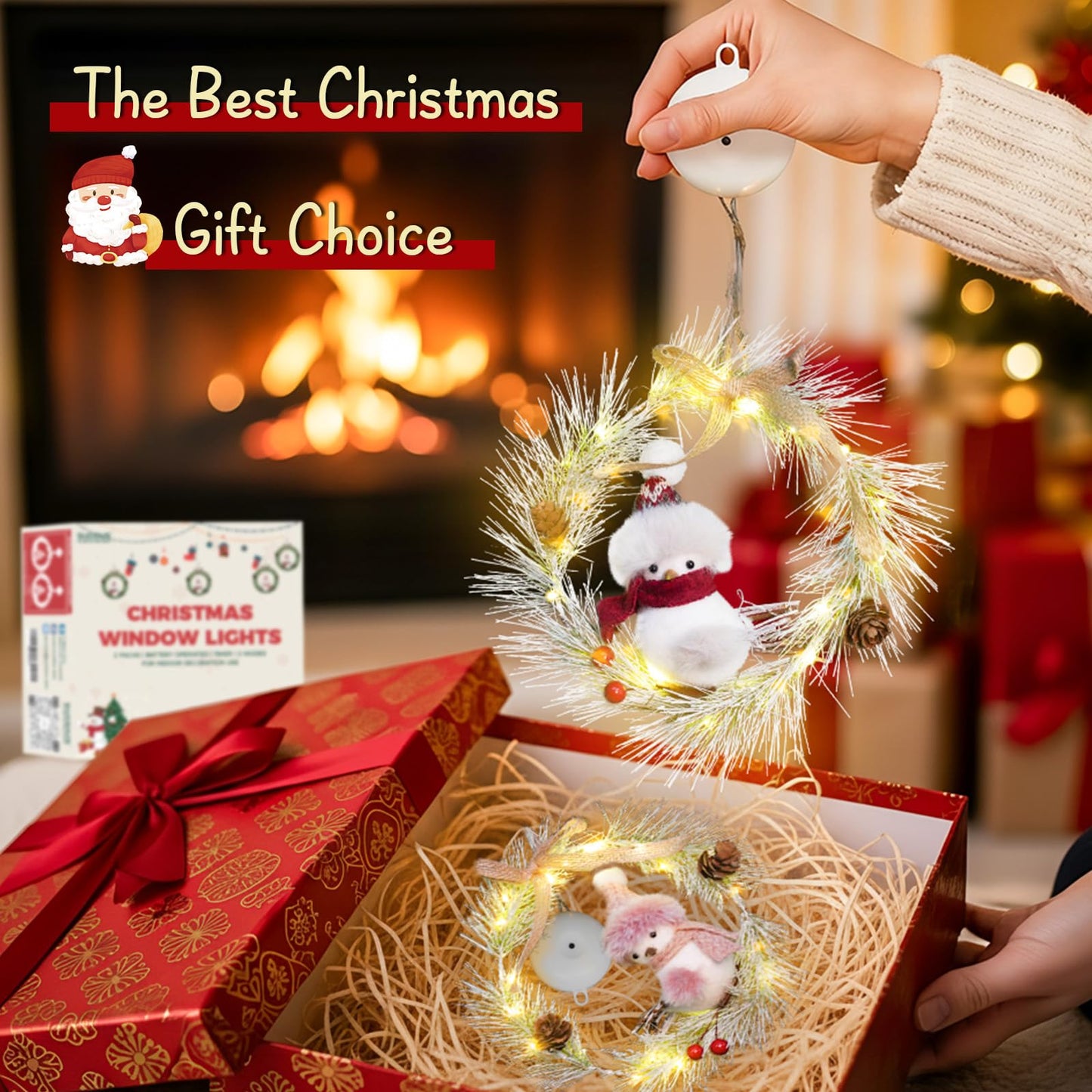 suddus 2 Pack Christmas Window Lights with Suction Cup- Battery Operated Wreath String Lights Indoor with Timer, Christmas Decorations for Home, Window, Door, Wall,Staircase,Gift,Tree Indoor