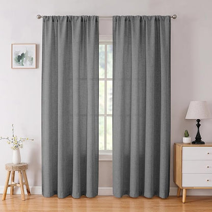 Tollpiz Linen Curtain Bedroom Rod Pocket Semi Sheer Curtains Burlap Light Filtering Thick Linen Drape for Living Room, 38 x 84 inches Long, Dark Grey, Set of 2 Panels