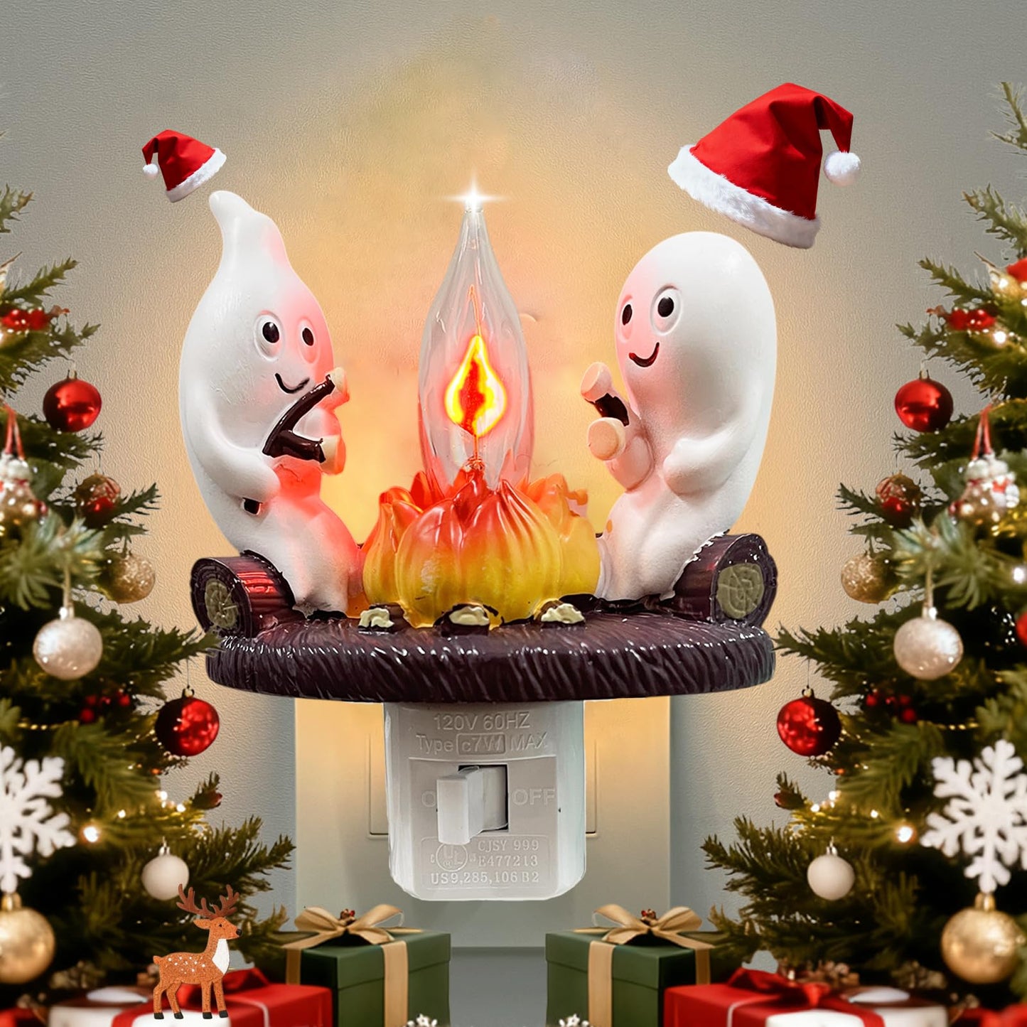 Consdemy Ghost Campfire Flickering Nightlight 120V Plug into Wall - Realistic Spooky Candles for Party Decor Indoor - Christmas & Halloween Night Light Campfire Gifts for Families, Friends (Ghost)