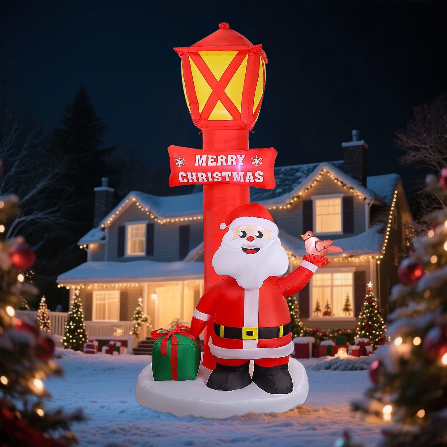 ZaaYee 8FT Christmas Inflatable Yard Decoration, Giant Blow Up Lighthouse with Santa and Redbird with Built-in LED Lights for Front Door Lawn Garden Holiday Display Indoor Outdoor Decor