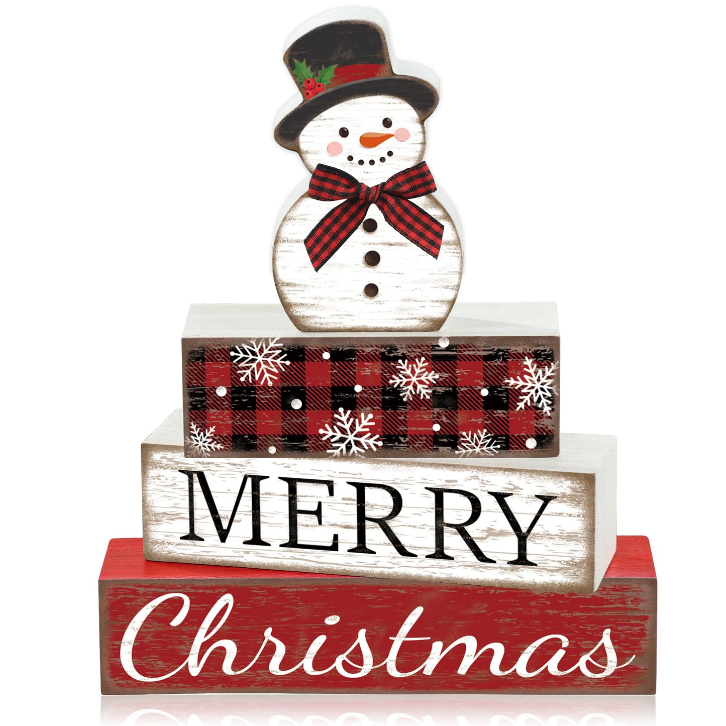 4 Pcs Christmas Table Decoration Snowman Wooden Block Merry Christmas Wood Centerpiece Xmas Red Buffalo Plaid Tabletop Sign Xmas Rustic Farmhouse Tiered Tray Decor for Winter Party Home Shelf Decor