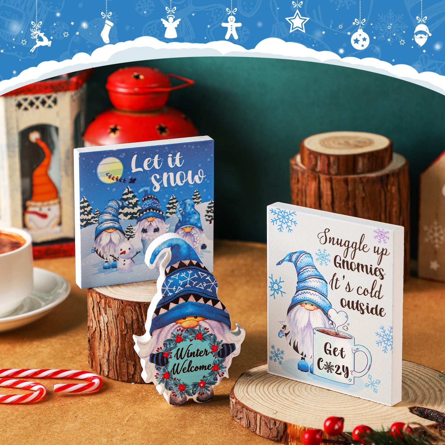 Karenhi 3 Pcs Winter Wooden Gnome Decor Blue Gnomes Tabletop Decorations Plaques Sign Winter Tiered Tray Decor Centerpiece for Home Party Table Desk Fireplace