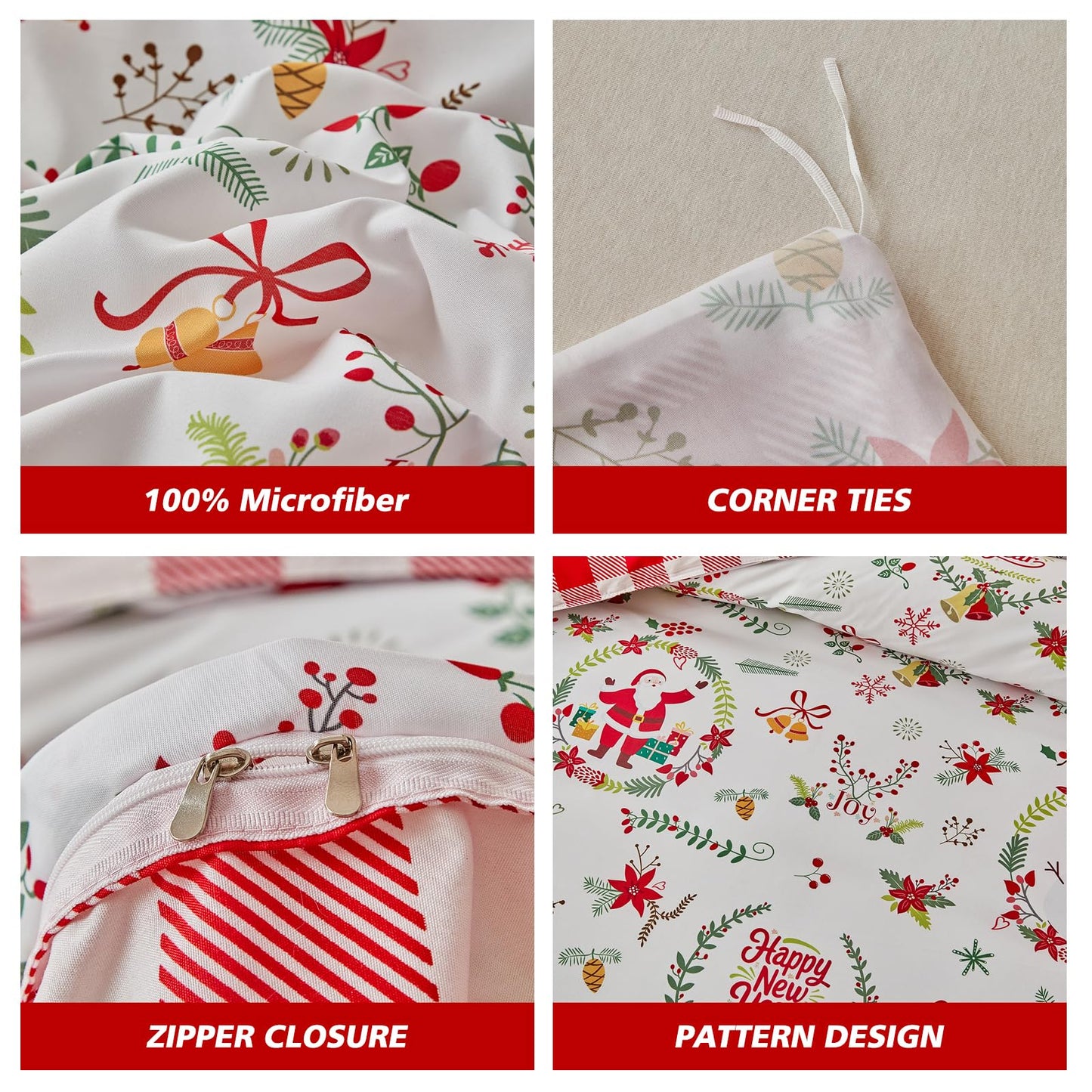 Joyreap 3pcs Christmas Duvet Cover Set King, Xmas Wreaths and Santa Claus Design Comforter Cover Set, Includes 1 Duvet Cover and 2 Pillow Shams