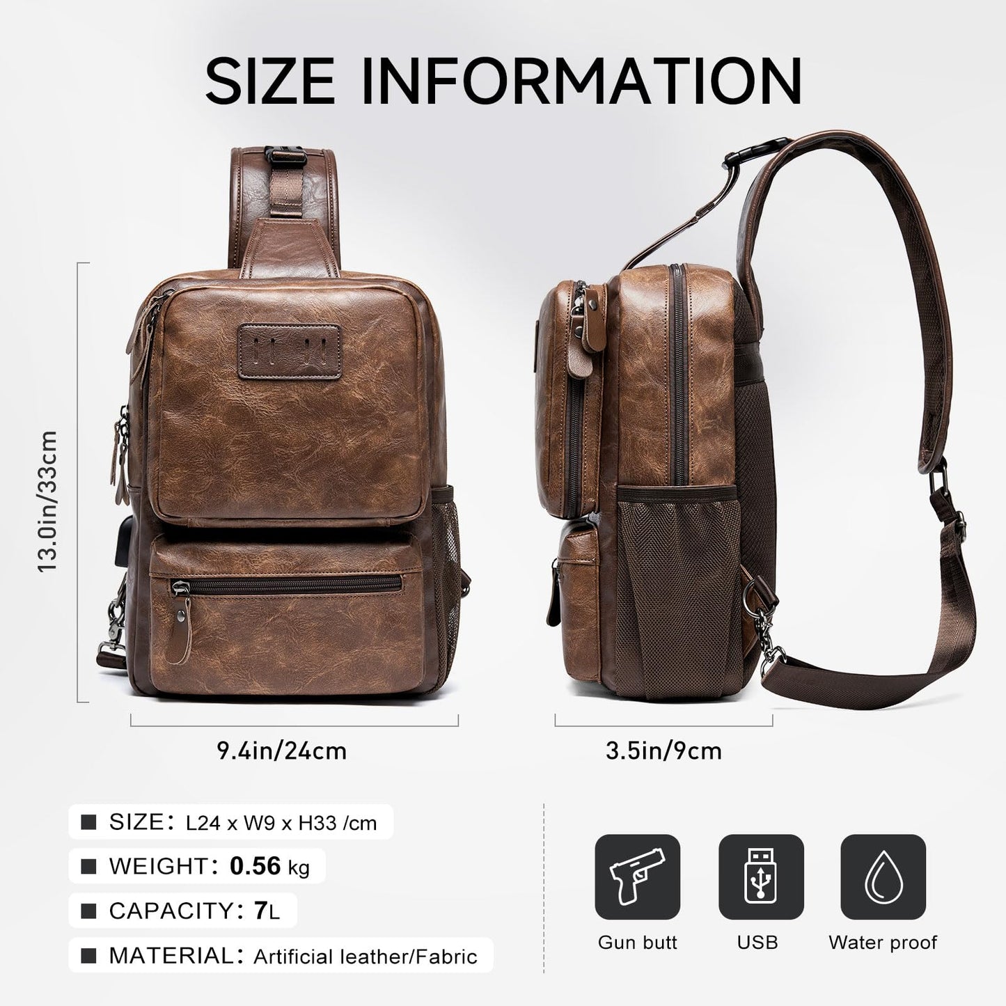 MOYYI EDC Crossbody Bag for Men Leather Sling Bag, Tactical Chest Bag with USB Charging Port, 7L Small Casual Daypacks for Travel