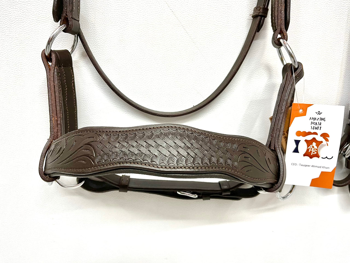 AMAZING HORSE STUFF Sidepull Bitless Bridle with Designer Hand Carving On Brow & Noseband Curved Shaped Brown (Full, Cob, Pony) (Pony)