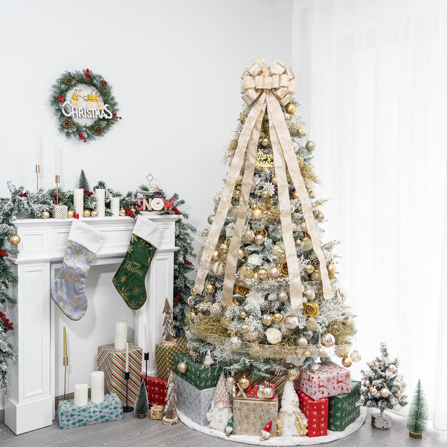 Hismir Christmas Tree Topper Bow，53x14 Inches Large Christmas Bow with Glitter Streamer and Patterned Ribbon，Decorative Bows for Xmas Tree Wreath Door Festival Home Decor(Champagne Gold Snowflake)