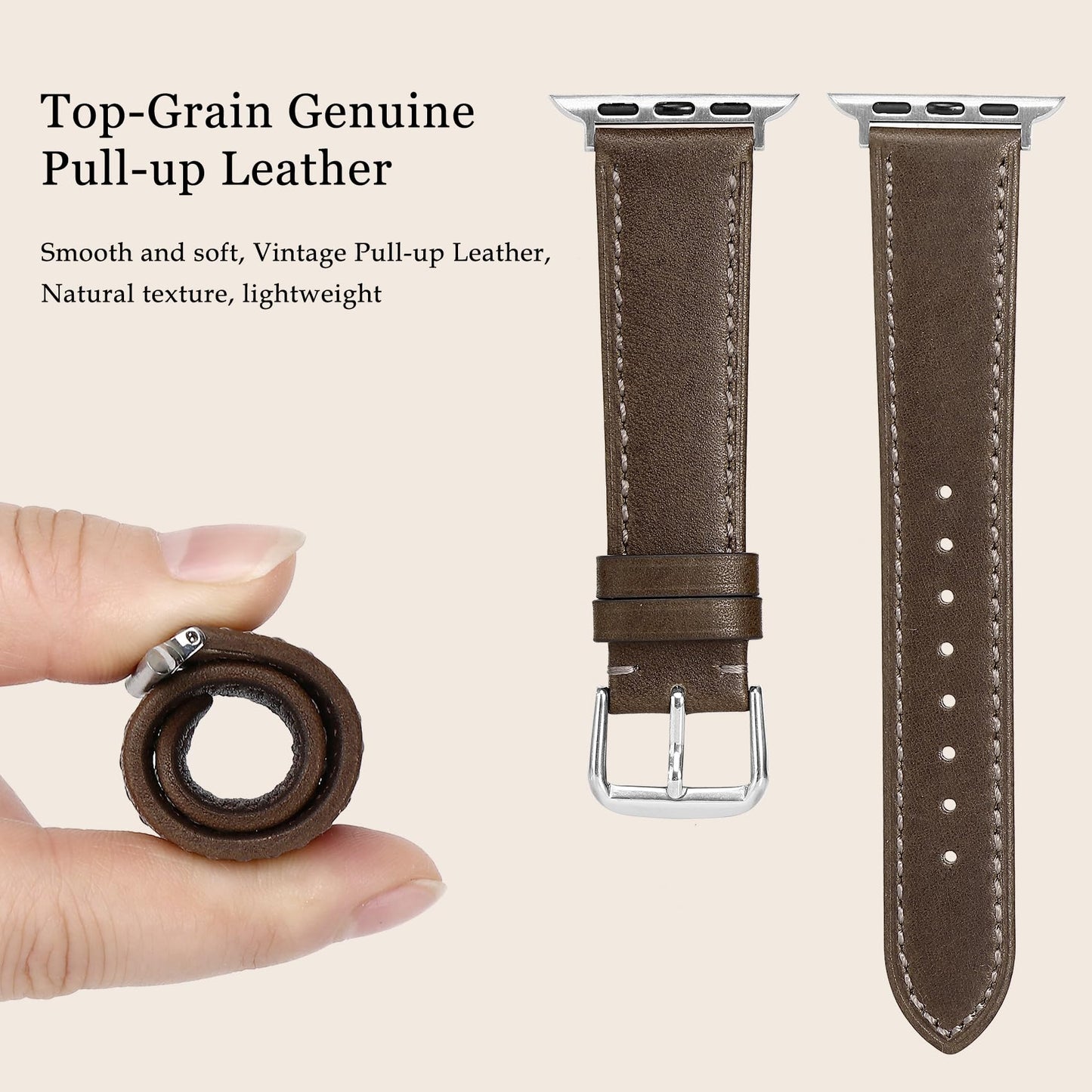 Soft Top-Grain Leather Watch Band Men Women, Compatible with All Apple Watch Series, Breathable, Sweat-Resistant iWatch Strap