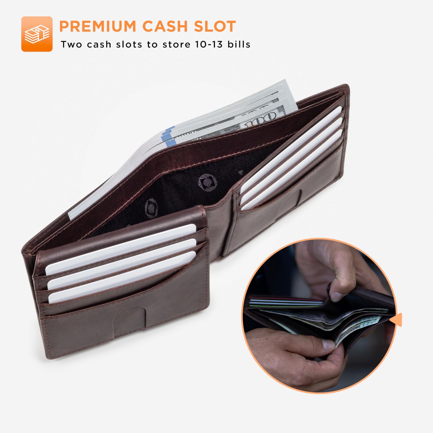 Full Grain Leather Wallet for Men | RFID Blocking | Extra Capacity Bifold Wallet with ID Windows | Ultra Strong Stitching | Slim Billfold with 13 Card Slots | Gift for Him (Texas Brown Venture)