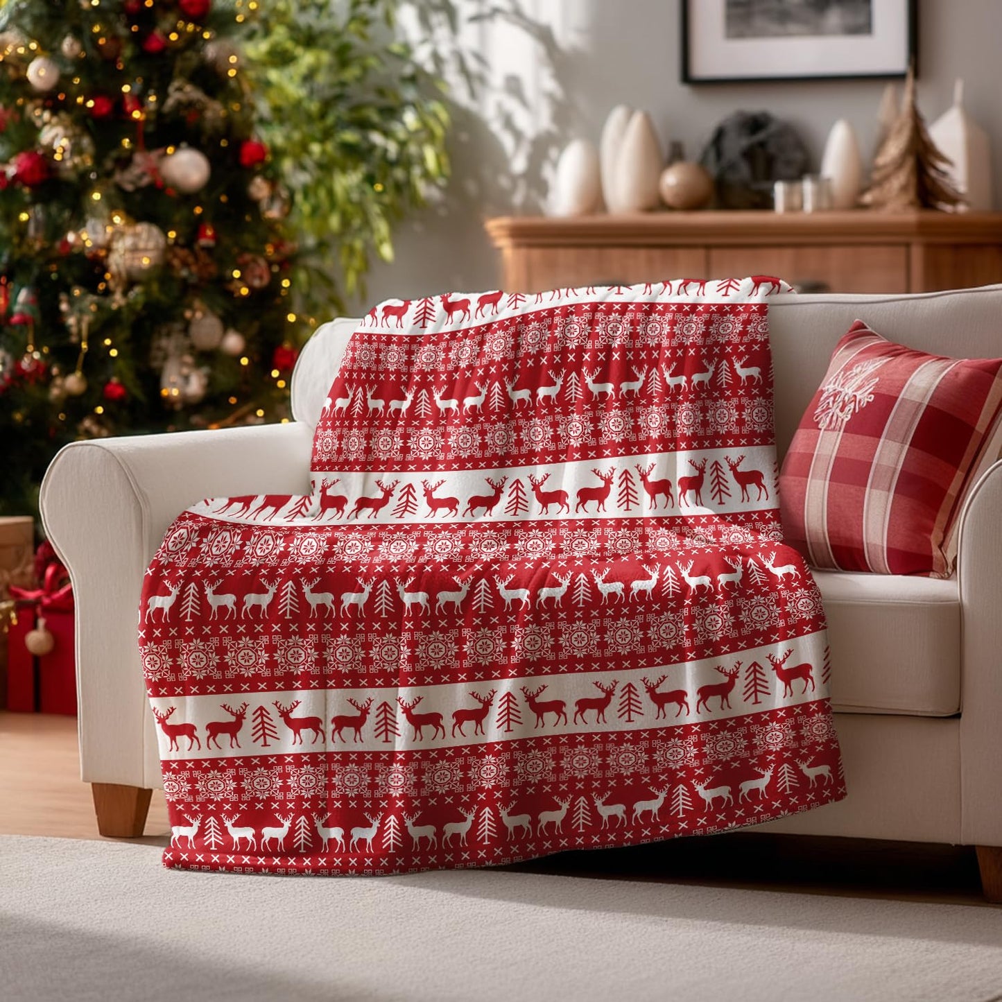 Horaldaily Christmas Sherpa Flannel Blanket Throw, Red Reindeer Soft Fuzzy Plush Cozy Fleece Blankets for Couch Sofa Bed Lounging, Ideal Gifts for Kids Adults Wife Self, 50x60