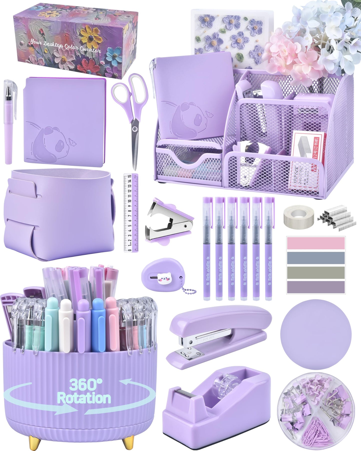 Vamrak Purple Desk Accessories and Organizers with Desk Organizer and 360°Rotating Pen Holder stapler Pen and a Lot of Office Purple Office Supplies Beautifully Presented in a Gift Box