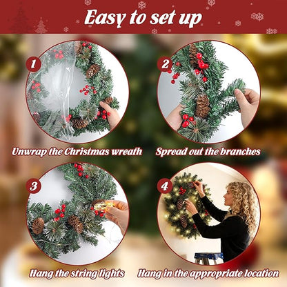 FR Artificial Pre-Lit Fir Christmas Wreath Holiday Accent Decoration, Wintry Pine, Decorated with Pine Cones Berry Clusters Frosted Branches, with LED Lights for Door, Mantel 20 Inch