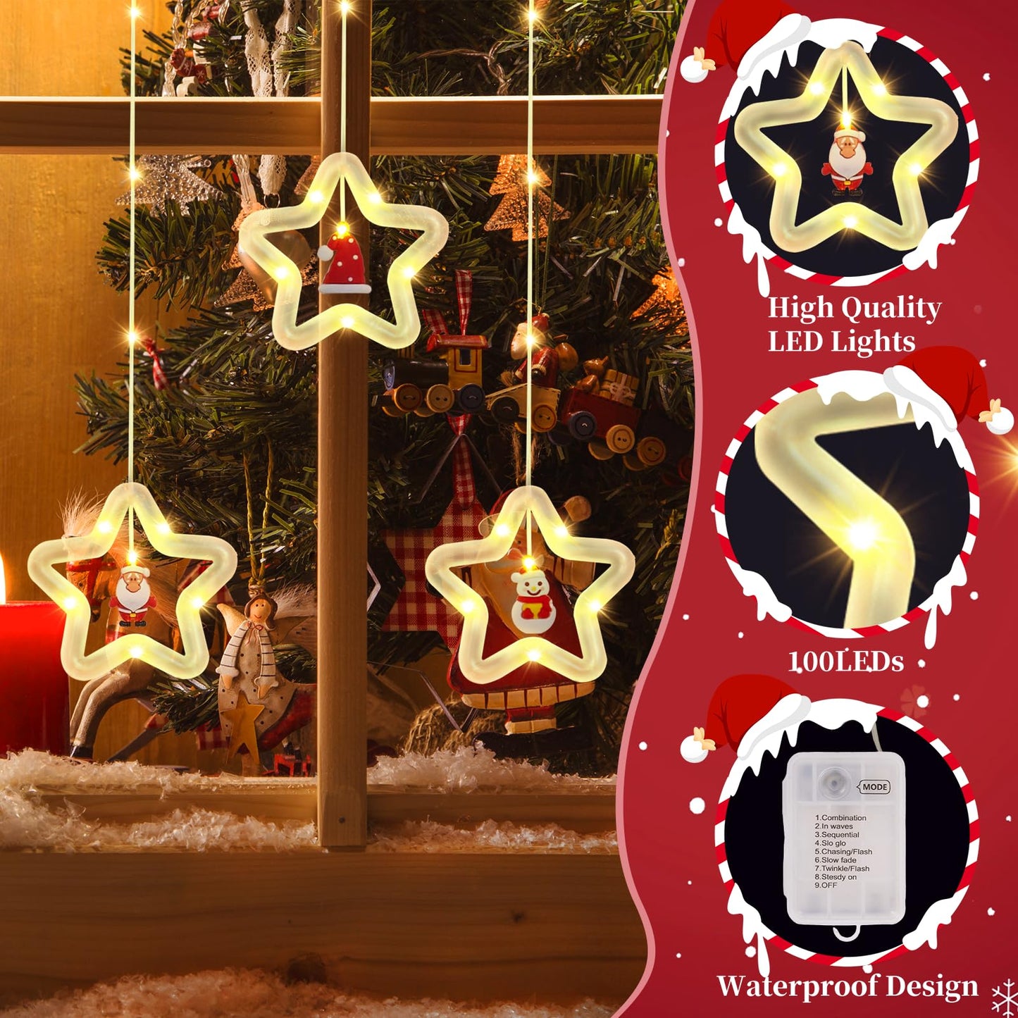 BomKra Christmas Star Curtain Lights, Christmas Window Lights Decor with Remote,8 Lighting Modes, IP65 Waterproof, 10 Hooks Christmas Decorations Indoor Outdoor for Bedroom Party Wall Door Window