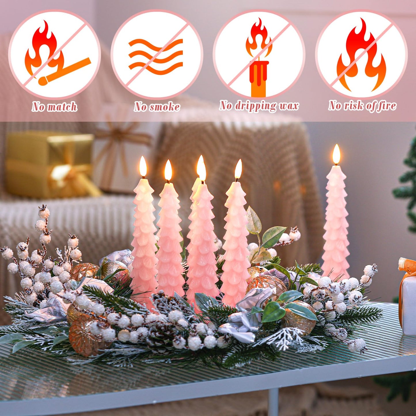 Tujoe 8 Pcs Pink Christmas Tree Flameless Taper Candles with Remote Xmas LED Candlesticks Battery Operated Electric Candlelights 3D Flickering Flame for Holiday Winter Party Table Centerpiece Decor