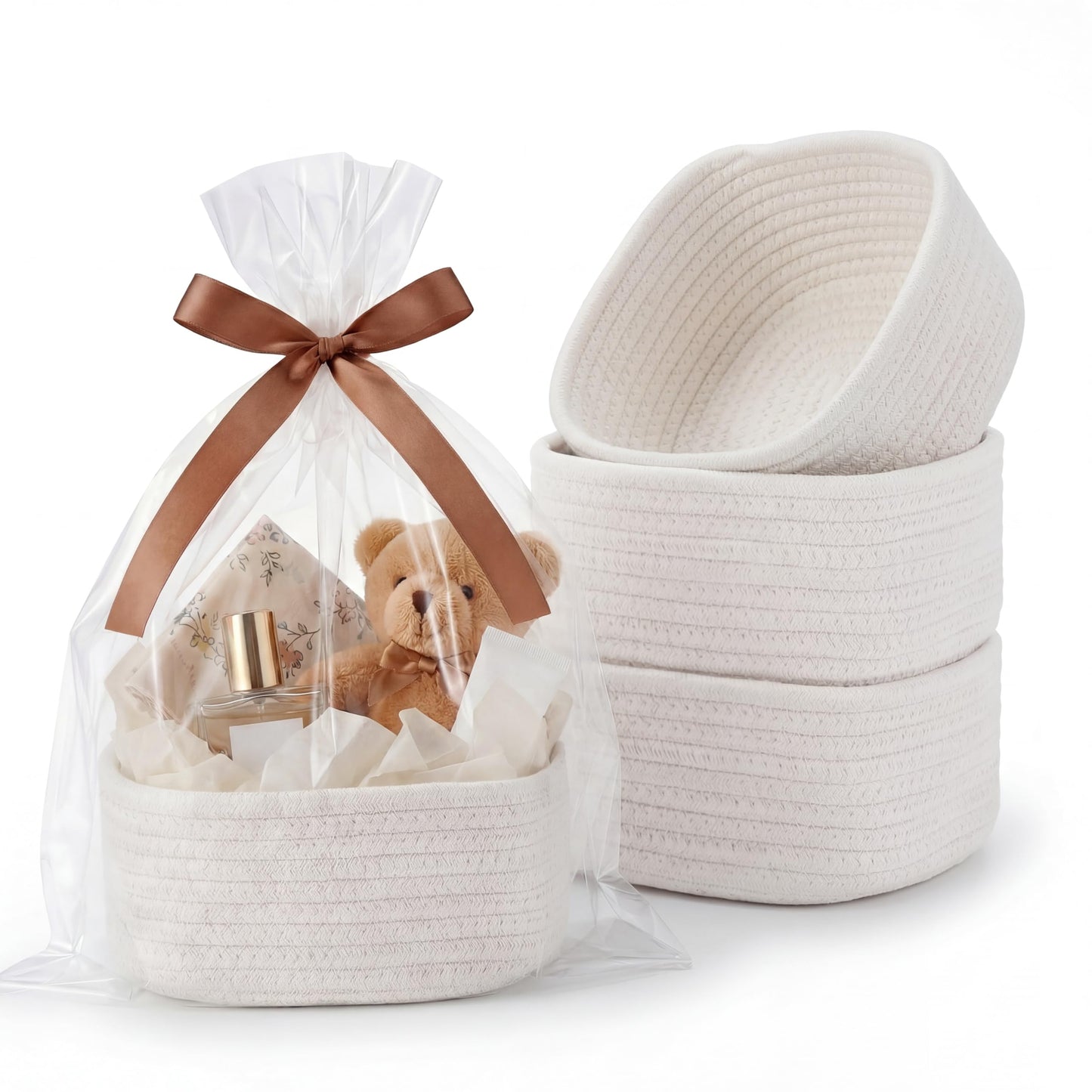 VIRETH HAUS 3 Pack Small Woven Baskets with Gift Bags, Ribbons, Wrap Tissue Papers – Empty Gift Baskets to Fill for Valentines, Baby Shower, Easter, Christmas Day, Decorative Storage Cubes for Toys