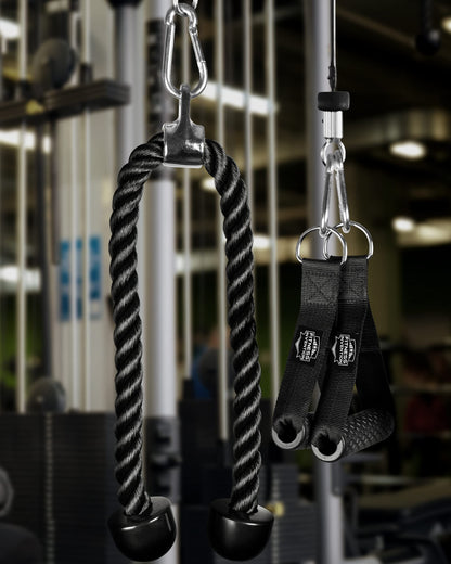 Fitness Invention Tricep Rope Cable Attachment 35" - Cable Machine Handles 2X - Carabiner Clips 3X - Tricep Pull Down Rope for Gym
