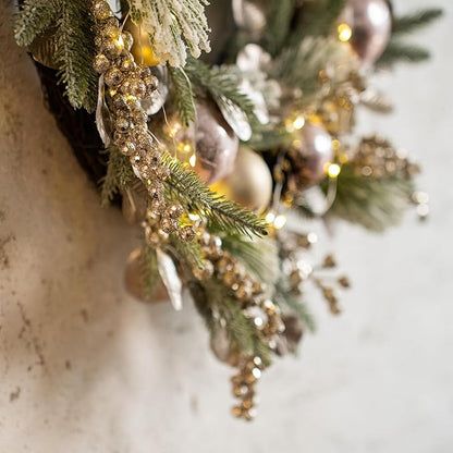 YULETIME 24" Christmas Wreath, Artificial Holiday Wreath with Baubles, Berries, Leaves, Spruce Branches, Snowy Pine Needles (Pink Bauble)