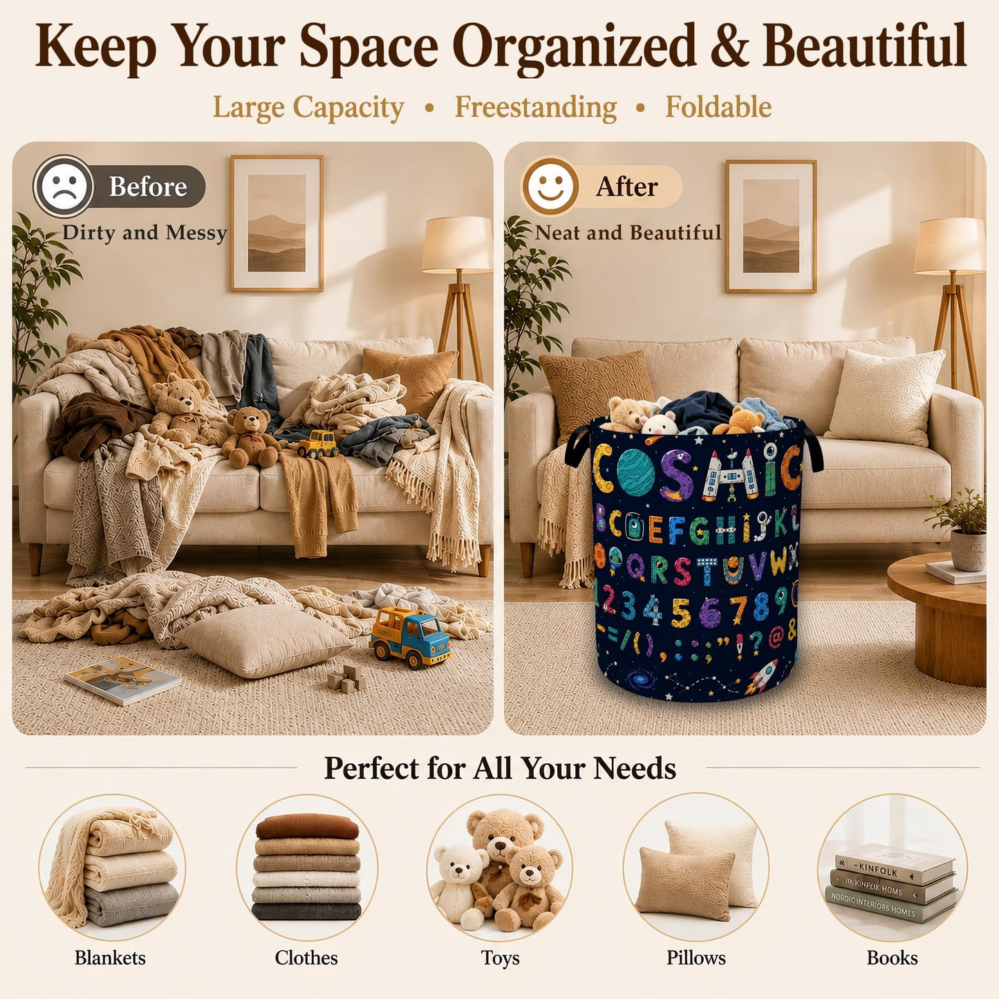 Cosmic Alphabet Space Collapsible Laundry Hamper for Bedroom, Freestanding Oxford Clothes Basket, Large Foldable Storage Bin with Easy-Carry Handles for Bathroom Dorm Laundry Room