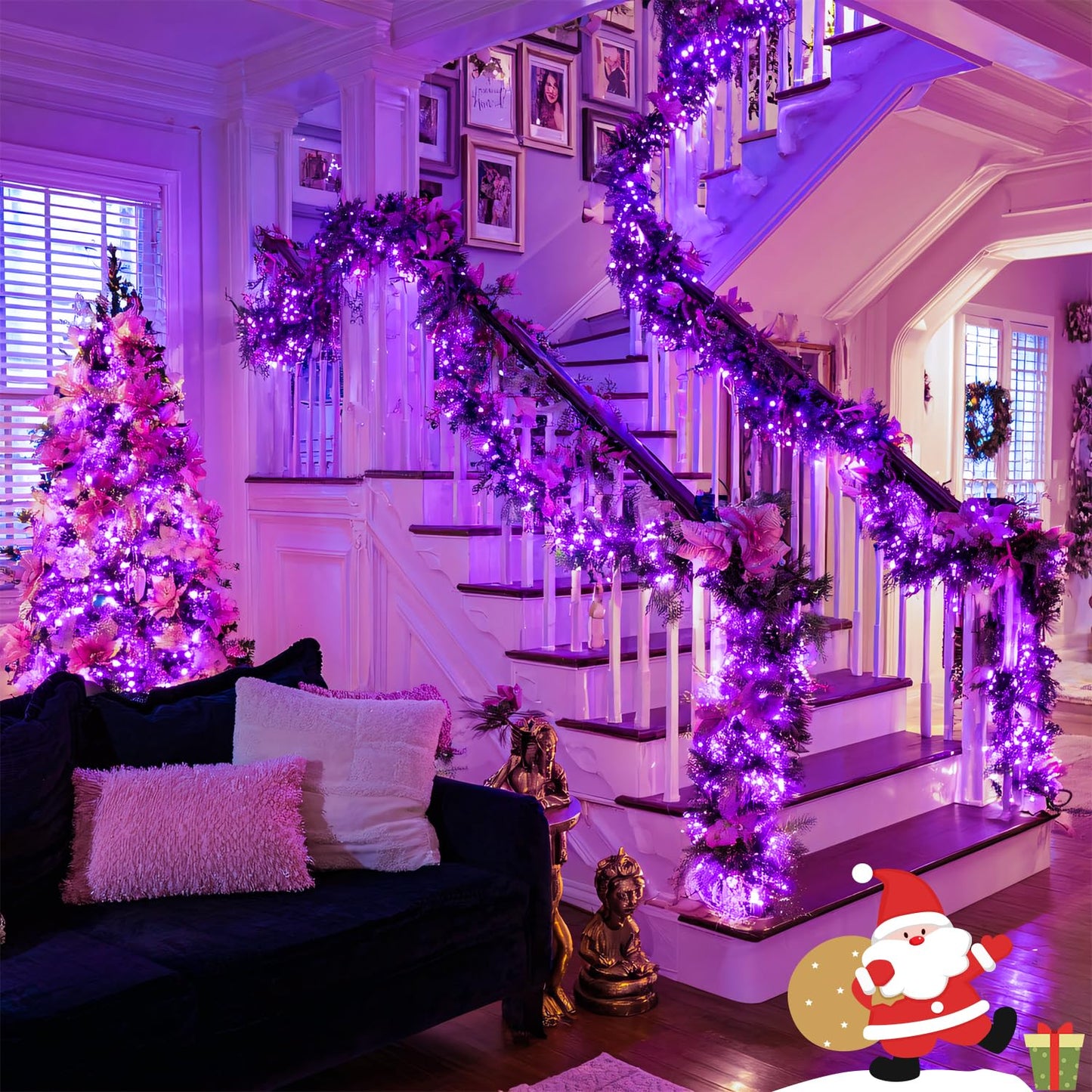JMEXSUSS Purple Christmas Lights Battery Operated, 2 Pack 100 LED Outdoor Purple String Lights Waterproof, Each 33 FT Christmas Tree Light Indoor for Halloween Decorations Party Porch Garden Decor